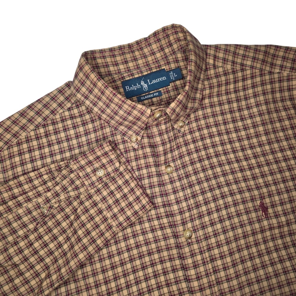 Ralph Lauren Mens Large Long Sleeve Button Shirt Plaid Classic Fit Fall Colors